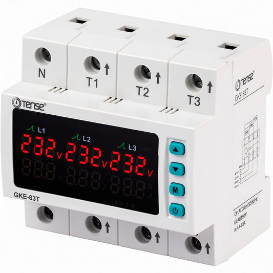 Driefasig spannings- en stroombeveiligingsrelais 1-63 A voor DIN-rail, GKE-63T