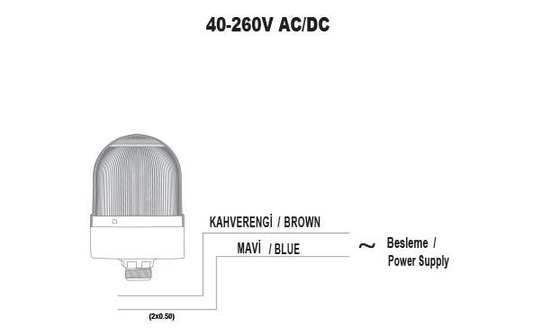 Knipperende ø70 NUT.CONN.SIGNAL BEACON MET BUZZ., 40-250V AC/DC., BLAUW MET 10CM EXT.TUBE