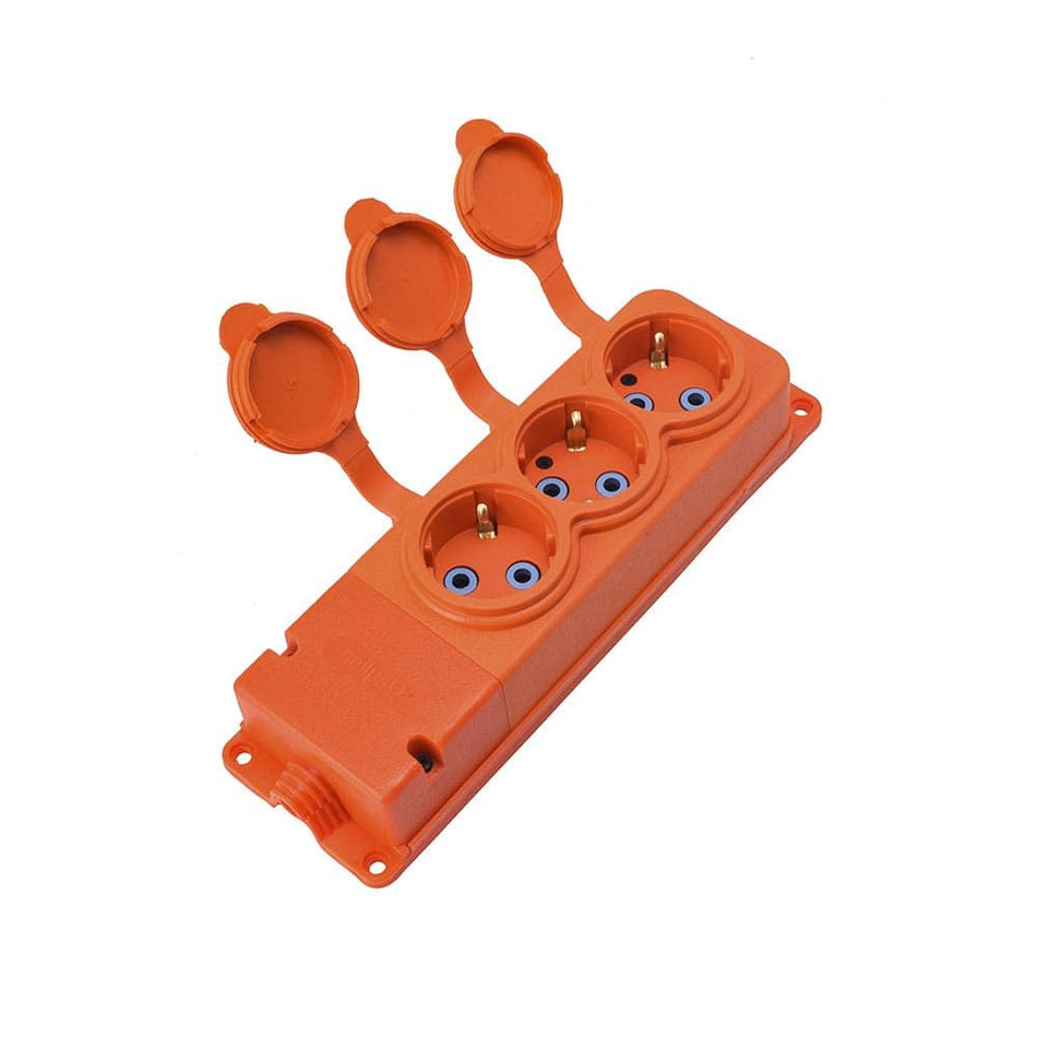 Drievoudige "rubberen" zwarte contactdoos met deksel hermetisch IP44 250V, 16A, SCHUKO 2P+Z, 3KMP-F, Bylion