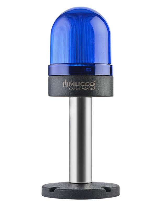 Knipperende ø70 NUT.CONN.SIGNAL BEACON MET BUZZ., 40-250V AC/DC., BLAUW MET 10CM EXT.TUBE