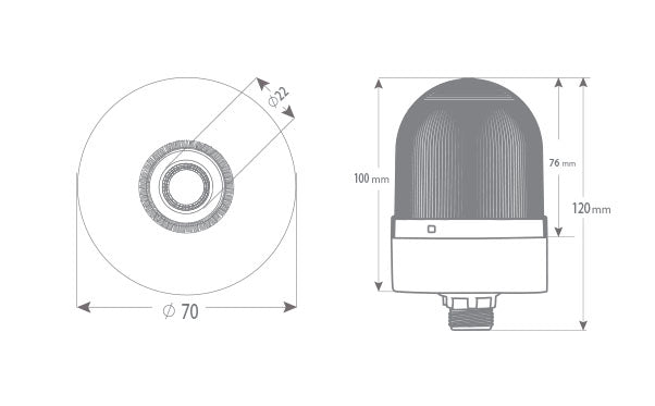 Knipperende ø70 NUT.CONN.SIGNAL BEACON MET BUZZ., 40-250V AC/DC., BLAUW MET 10CM EXT.TUBE