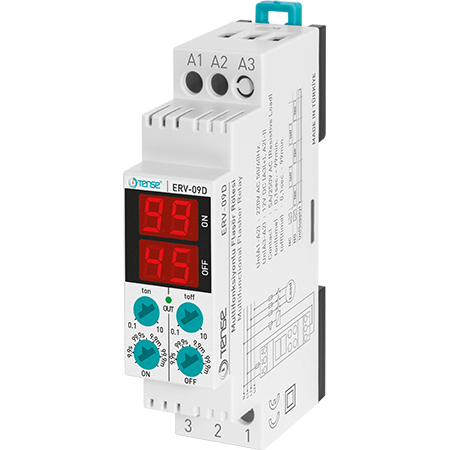 Asymmetric cycle timer relay with two displays -12VDC, 230VAC